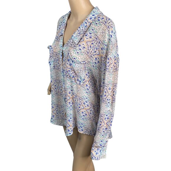 Free People Easy Rider Sheer Geometric Button Down Top SZ M - Picture 6 of 9